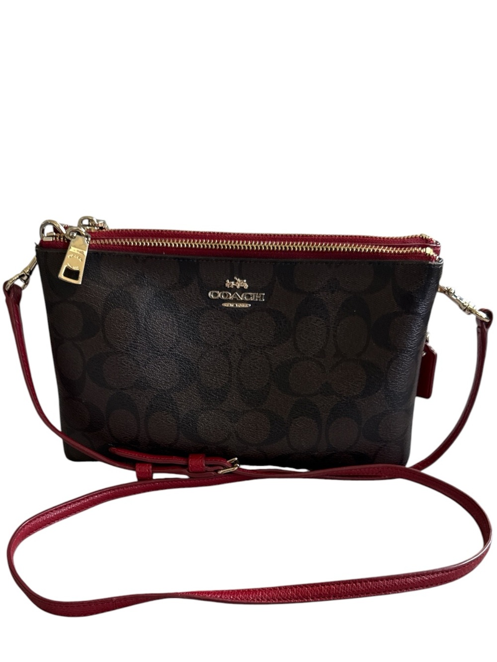Coach Brown Signature Double Zipper Crossbody with Red Accents